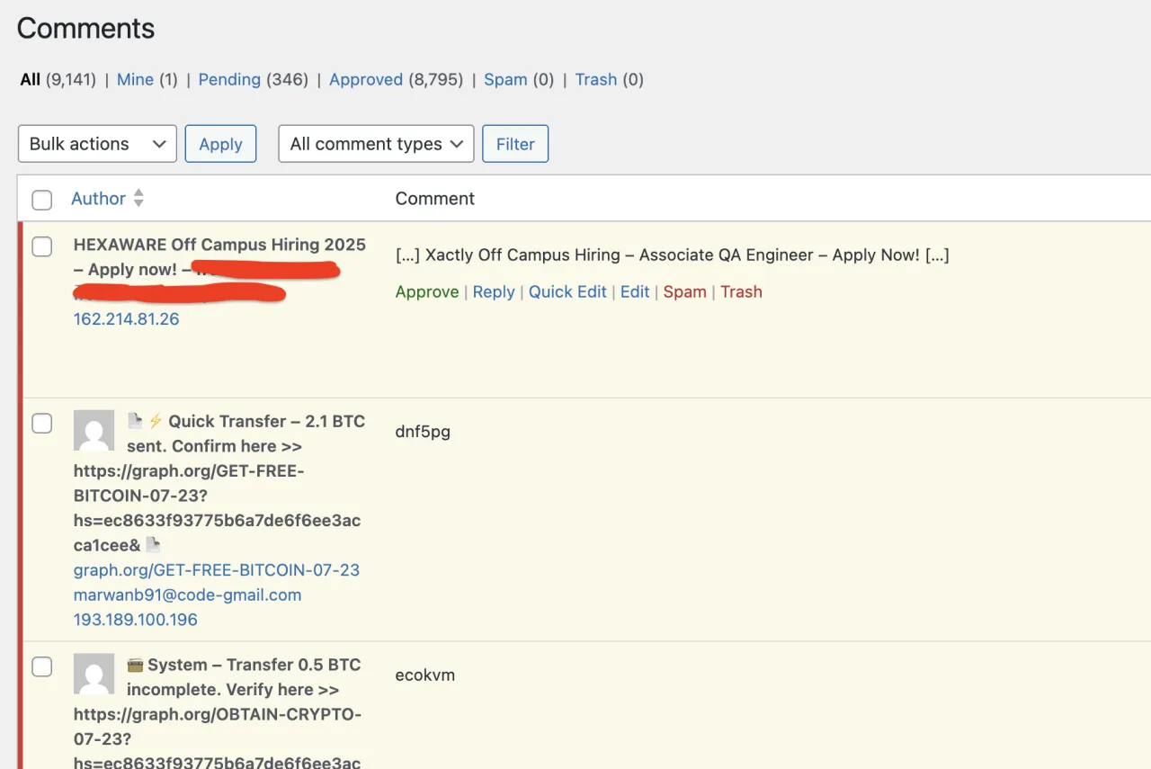 Panel komentarzy w WordPress. Widzisz tu opcje zarządzania komentarzami, np. jak wyłączyć komentarze.