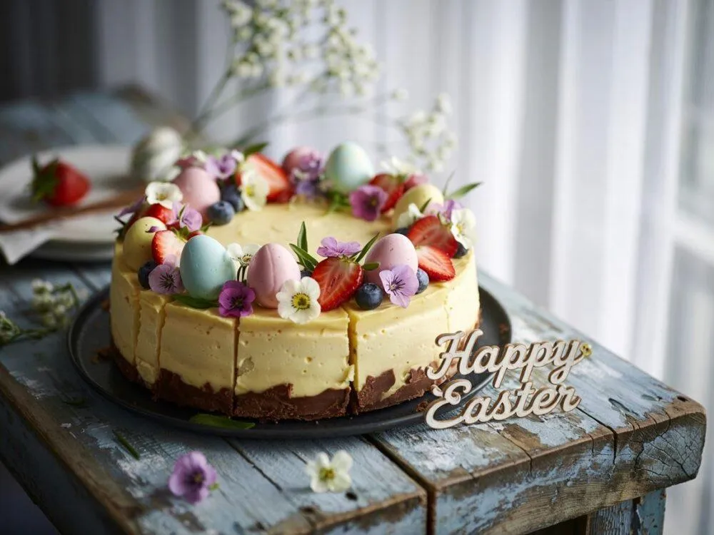 nowoczesne dekoracje sernika z dripem, makaronikami, kwiatami