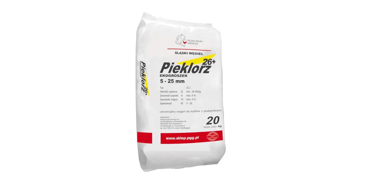 Worek ekogroszku Pieklorz 26+ o granulacji 5-25 mm. Gdzie kupić ten uniwersalny węgiel do kotł&oacute;w z podajnikiem? Sprawdź na www.sklep.pgg.pl.
