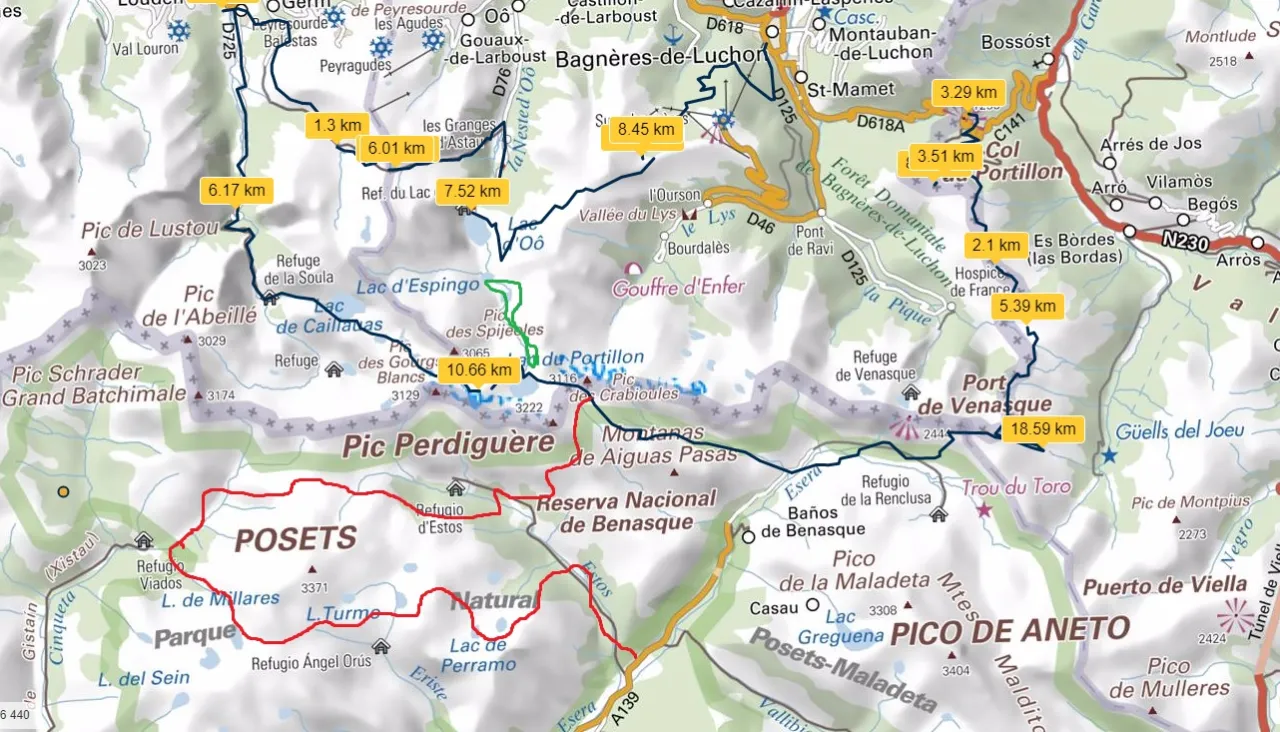 Mapa Pirenej&oacute;w podział na części