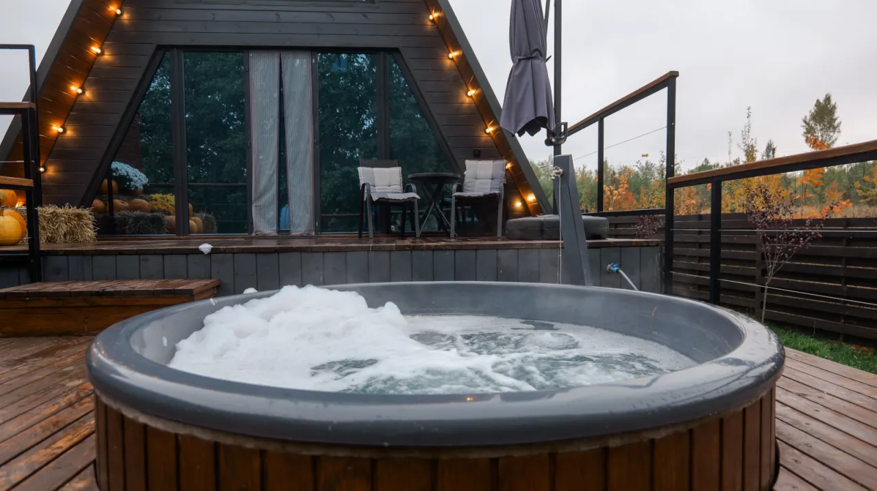 Relaks w pianie w wannie spa ogrodowej. Drewniany taras, jesienne dekoracje i przytulny domek w tle tworzą idealne miejsce na odpoczynek.