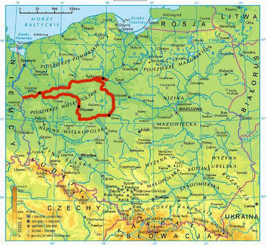 Mapa Wielkopolski z zaznaczonymi łowiskami i jeziorami