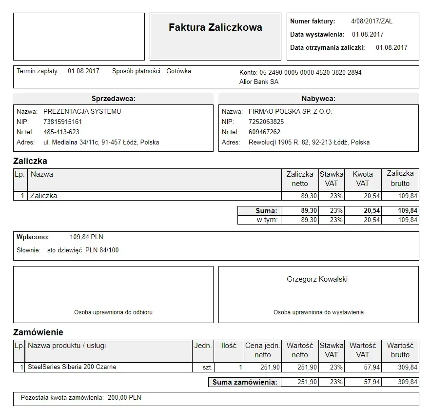porównanie faktura proforma VAT zaliczkowa