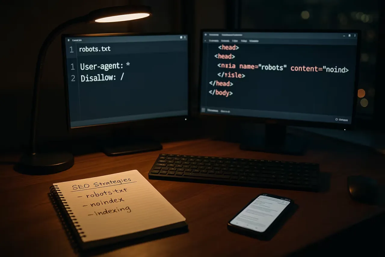 Na biurku nocą, przy lampce, dwa monitory z kodem, notatnik 