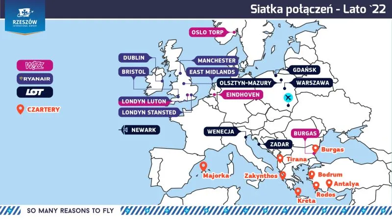 Mapa połączeń lotniska Rzesz&oacute;w Jasionka wakacje