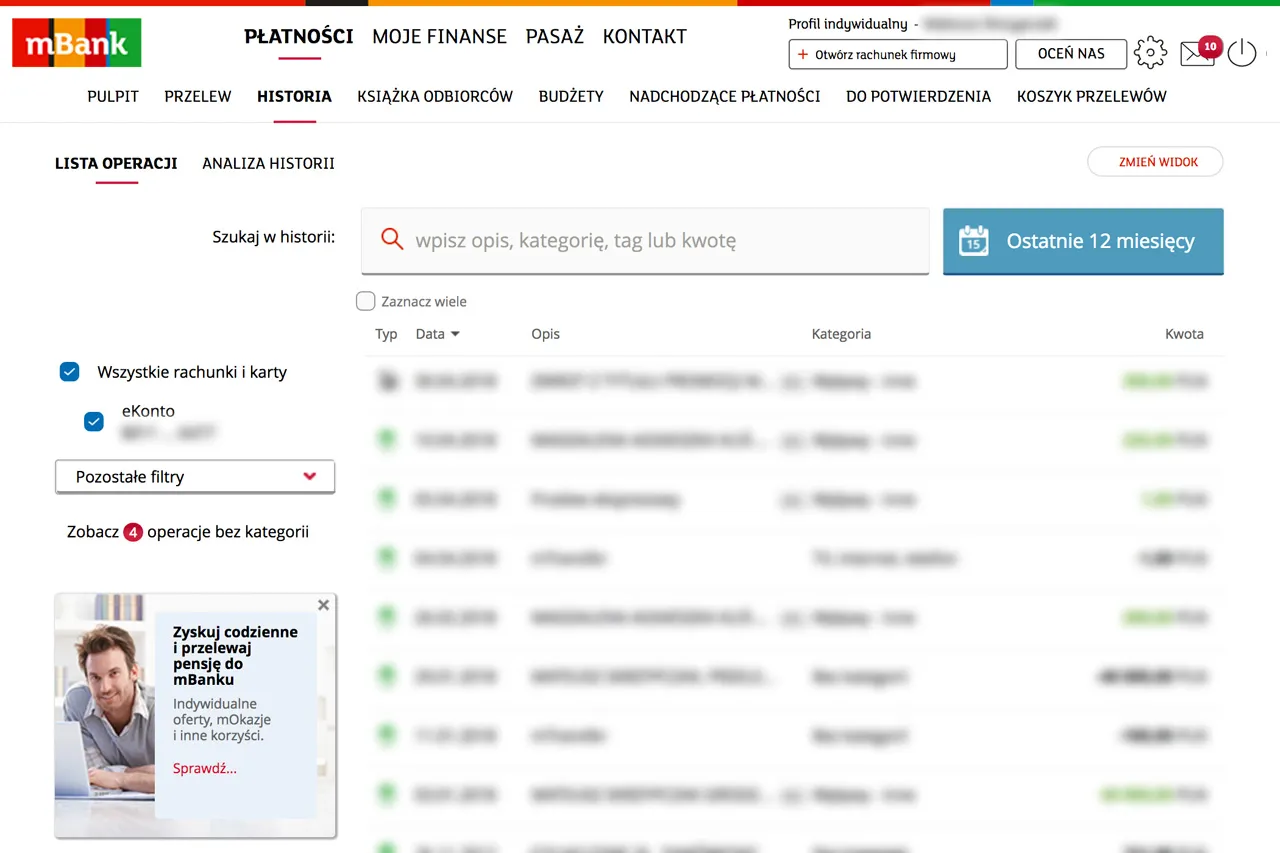 mBank serwis transakcyjny historia operacji przelew&oacute;w