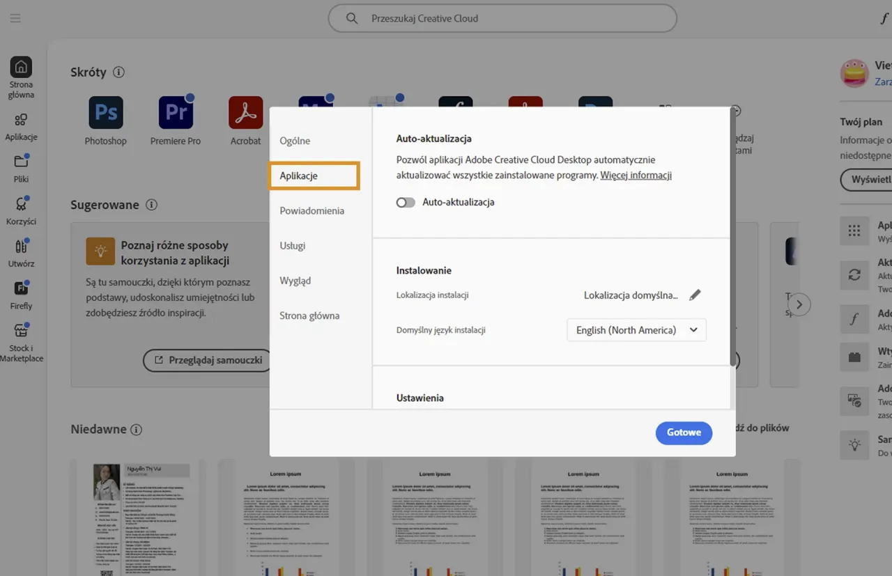 Adobe Creative Cloud Desktop preferencje profil