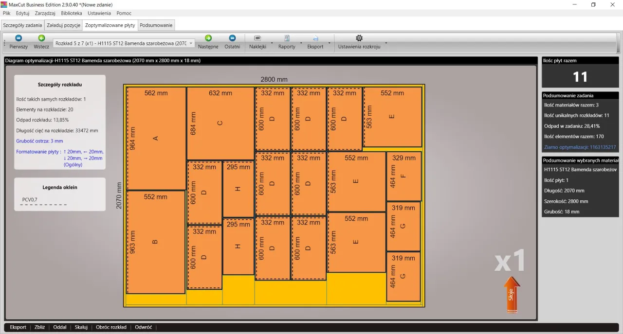 Rozpiska formatek meblowych do cięcia