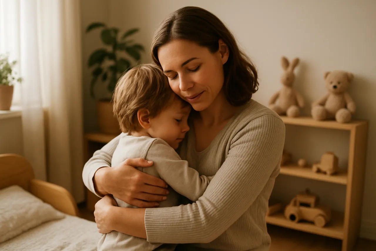 rodzic przytulający płaczące niemowlę wsparcie