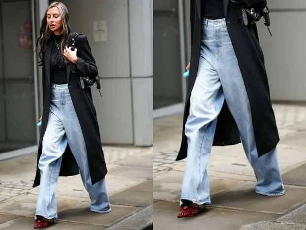 Stylizacje szerokie jeansy wide leg flare z butami