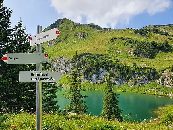 Wanderweg im Allg&auml;u mit Wegweiser und Bergblick