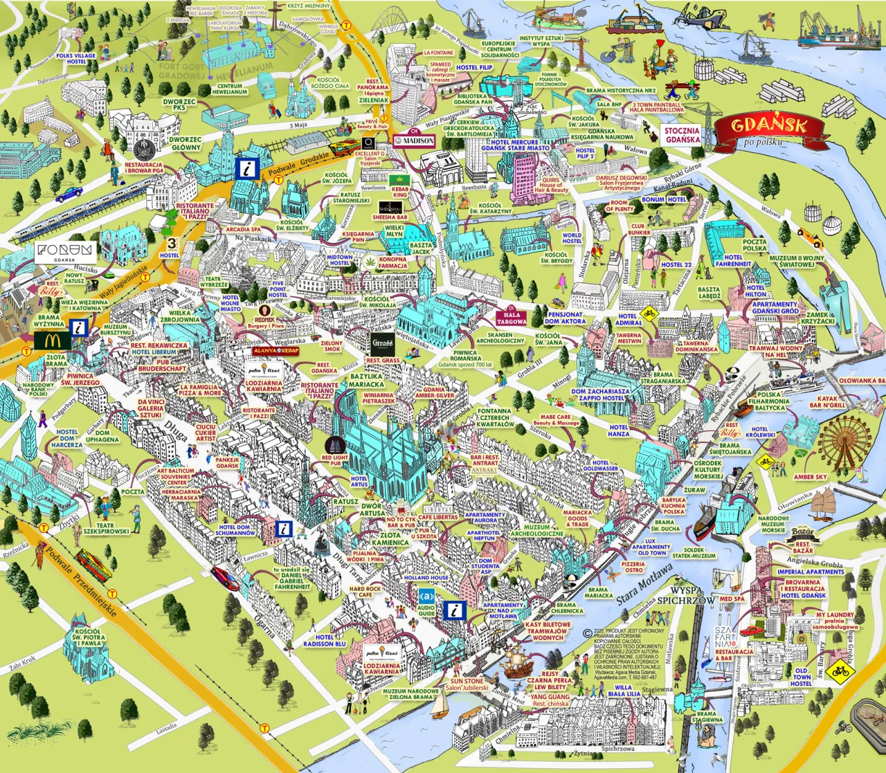 Mapa Gdańska z zaznaczonym Starym Miastem, Jelitkowem i Wrzeszczem