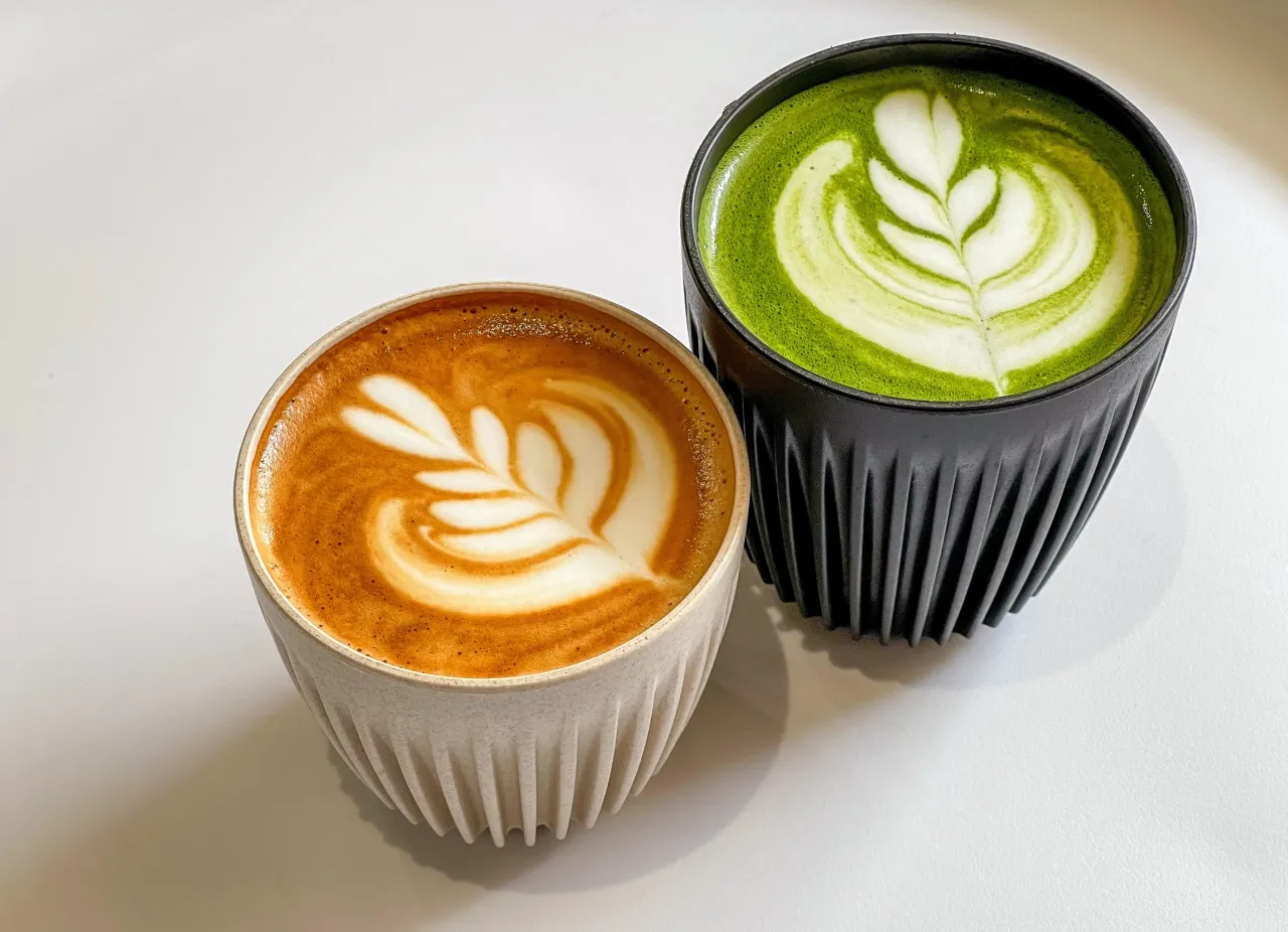 Dwa napoje: latte z pianką i zielona matcha z pianką. Zastanawiasz się, ile kofeiny ma matcha?
