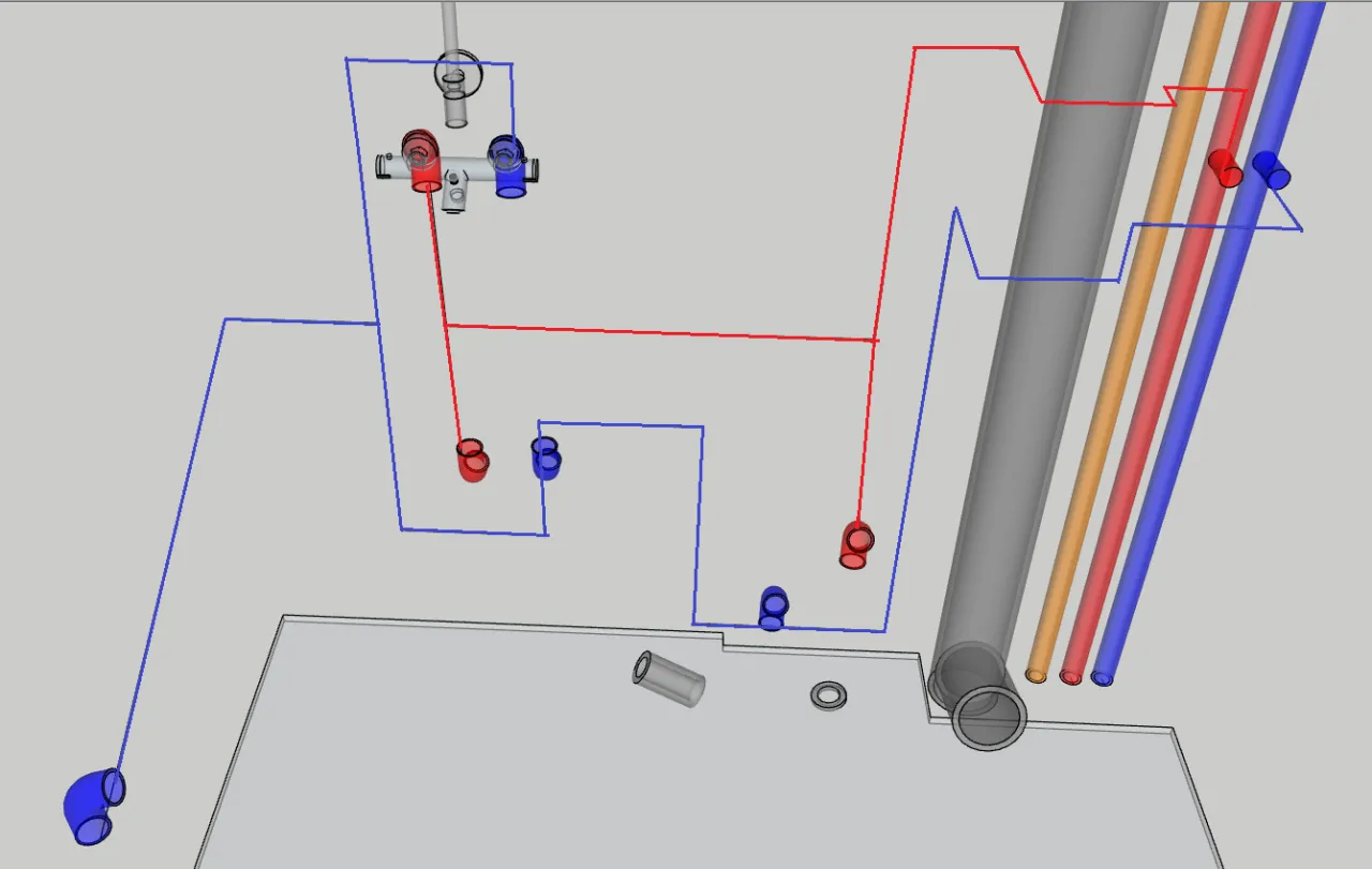 Projekt instalacji hydraulicznej w łazience z zaznaczonymi punktami