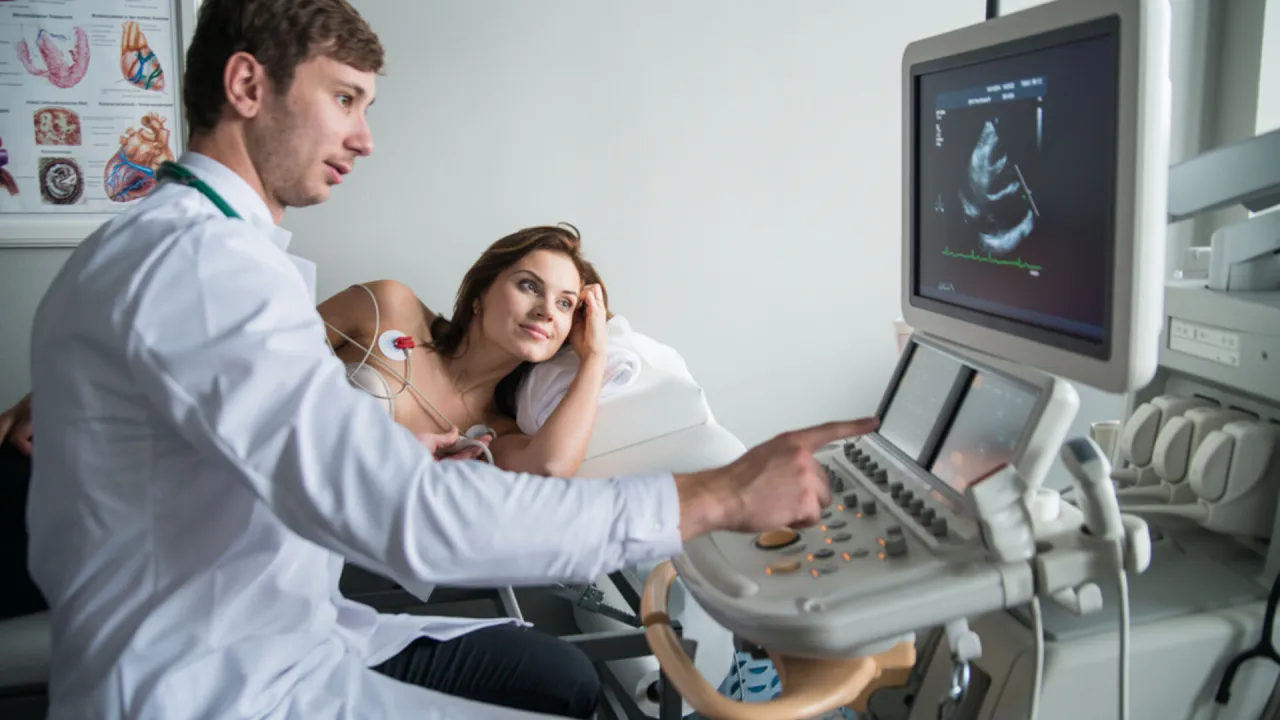 Lekarz wykonuje badanie echo serca u pacjentki, obserwując obraz na monitorze aparatu USG.