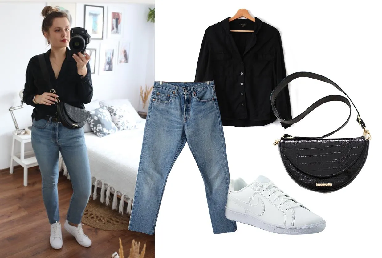 Damskie stylizacje białe buty czarne spodnie inspiracje