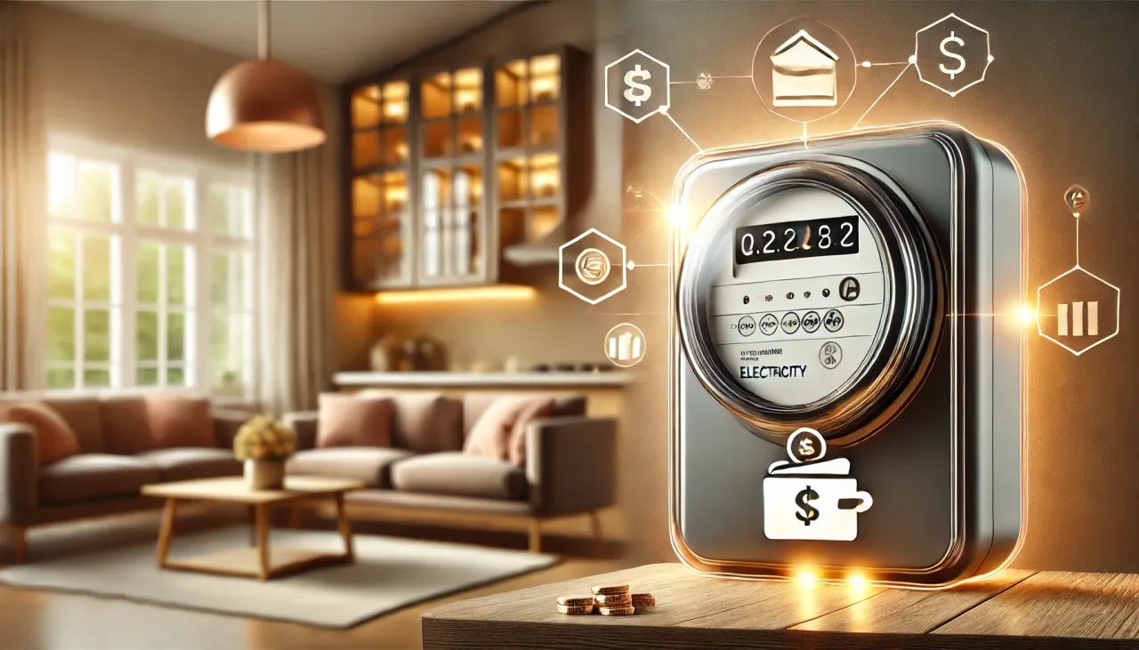 Inteligentny licznik energii i ikony symbolizujące oszczędności. Dowiedz się, jak zmienić dostawcę prądu i obniżyć rachunki.