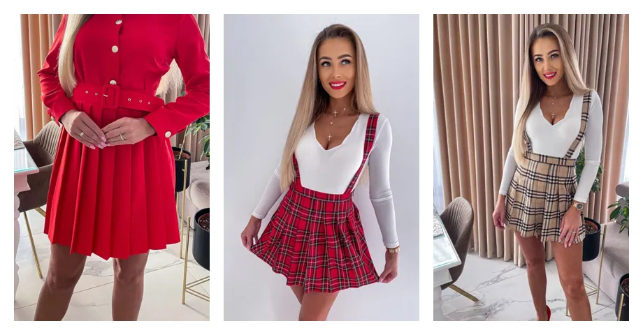 Stylizacje z plisowaną spódnicą i różnymi bluzkami