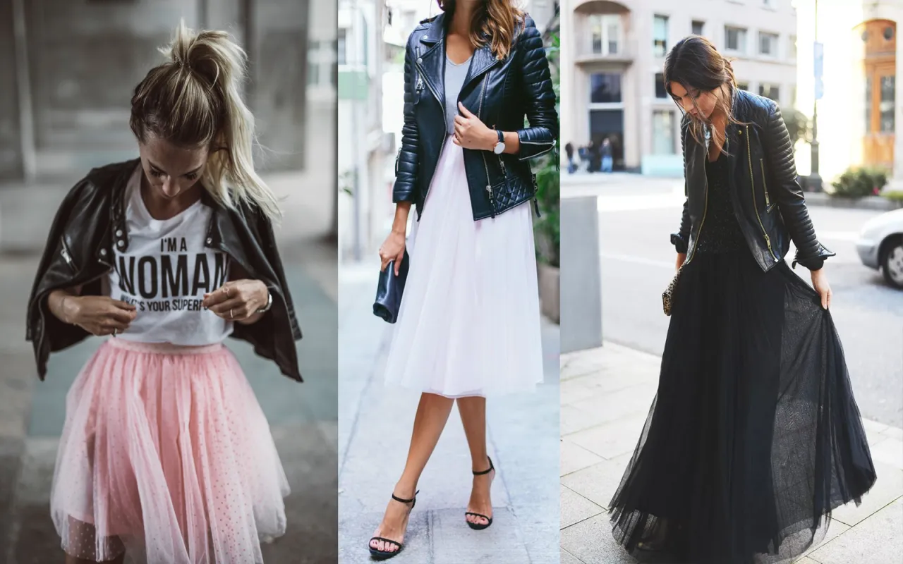 Rockowa stylizacja tiulowa sp&oacute;dnica ramoneska botki