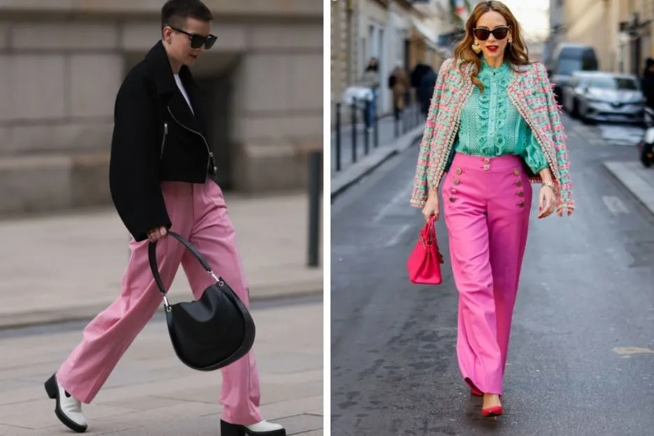 różowe spodnie i czarna bluzka stylizacje