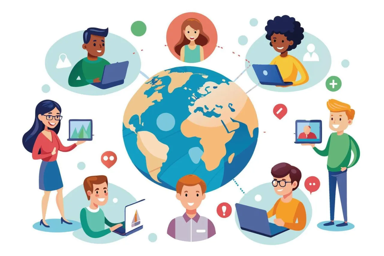 Gruppe von Menschen, die auf Laptops und Tablets interagieren, mit Facebook-Gruppen-Symbol