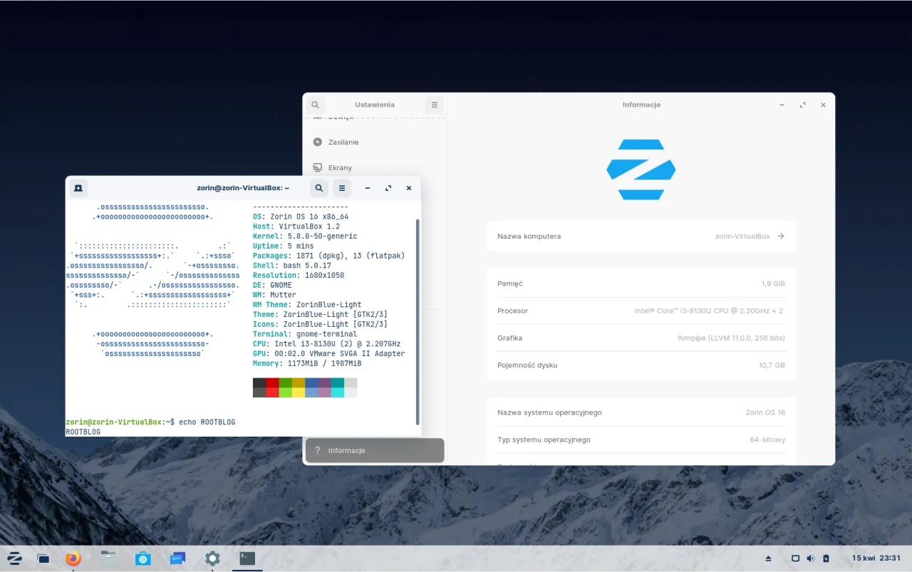 Zorin OS 16 na wirtualnej maszynie. Terminal pokazuje informacje o systemie, a okno 