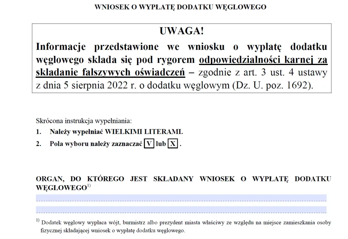 Wniosek o dodatek węglowy wz&oacute;r