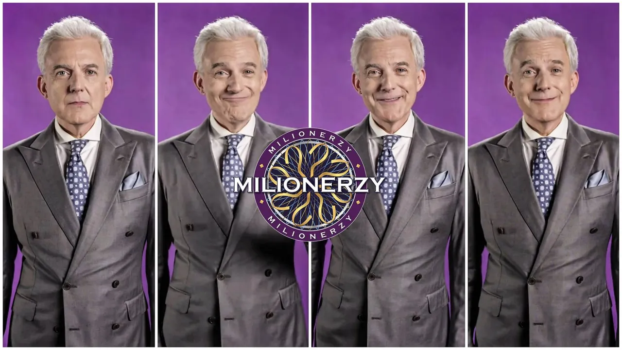 Hubert Urbański w garniturze, z r&oacute;żnymi minami, obok logo 