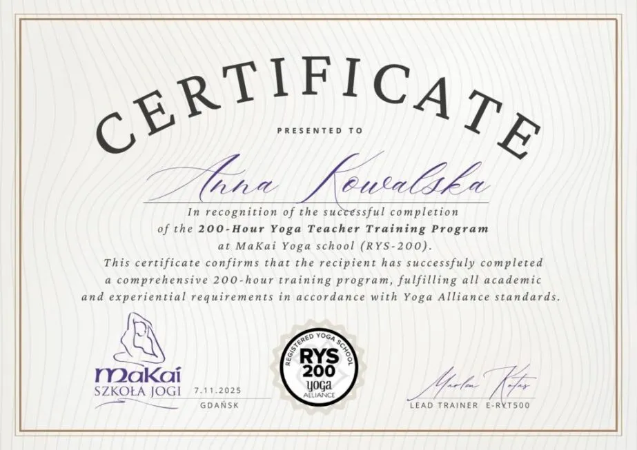 certyfikat Yoga Alliance RYT 200
