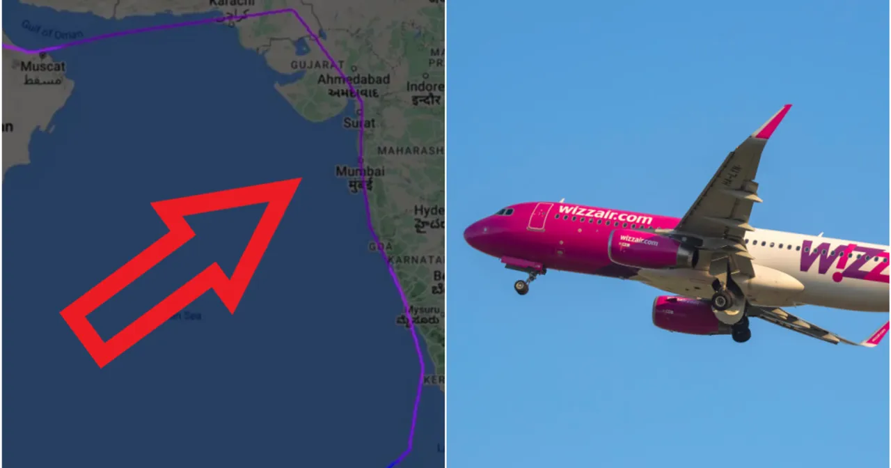 Mapa lotu z Indii na Malediwy i r&oacute;żowy samolot Wizz Air. Zastanawiasz się, ile trwa lot na Malediwy?