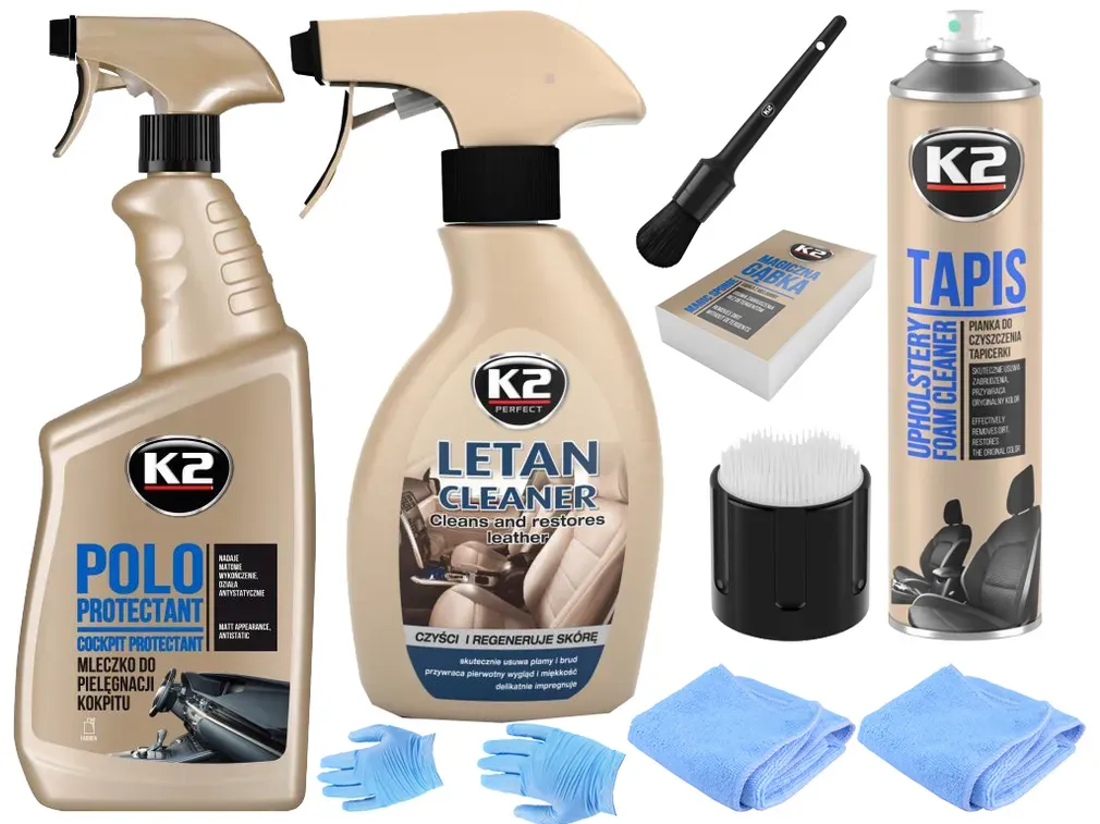 zestaw kosmetyków i akcesoriów do czyszczenia wnętrza samochodu