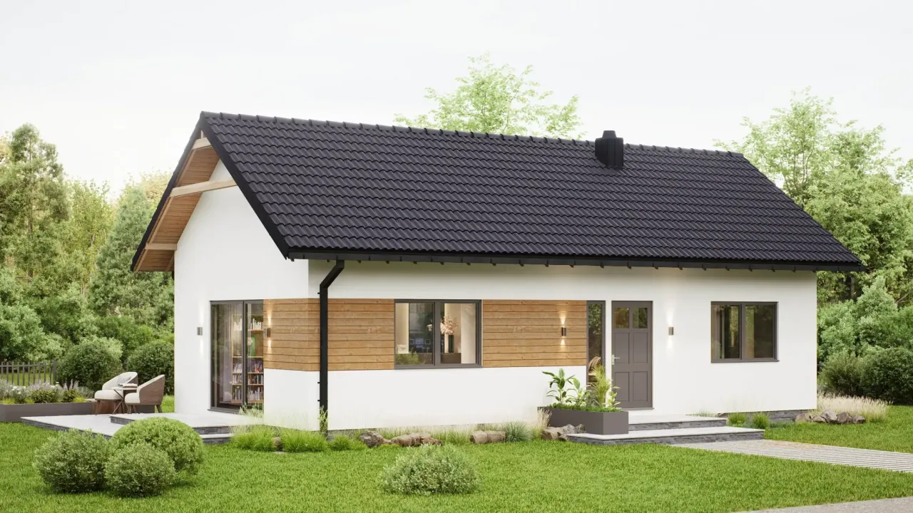 Nowoczesny, biały dom z drewnianymi akcentami i czarnym dachem. Zastanawiasz się, ile kosztuje budowa małego domu z drewna?