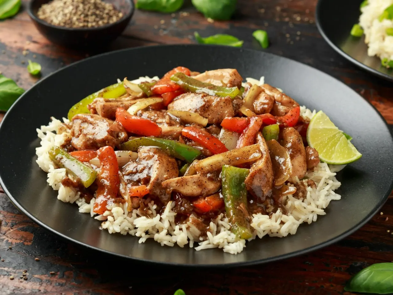 Kurczak z papryką i cebulą w sosie na ryżu. Idealne danie, gdy zastanawiasz się, co ugotować na obiad.