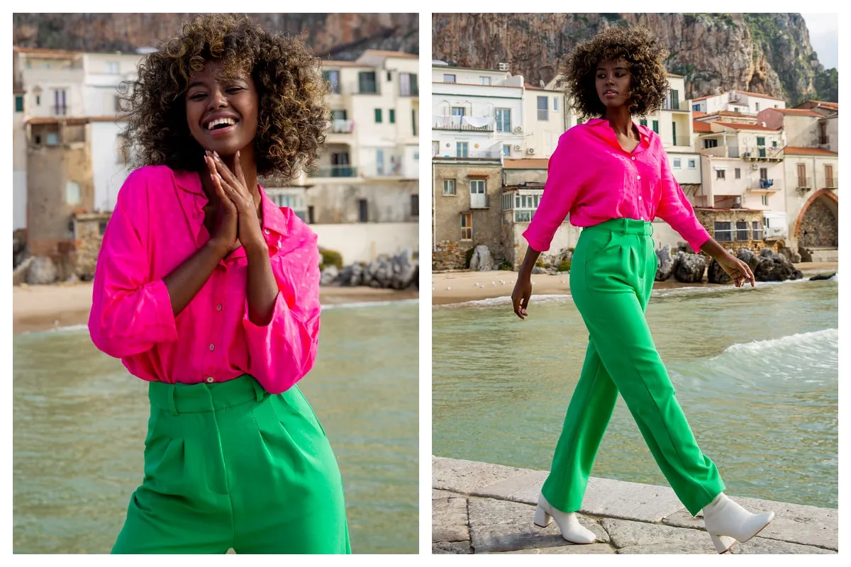 zielone spodnie stylizacje odważne kolory