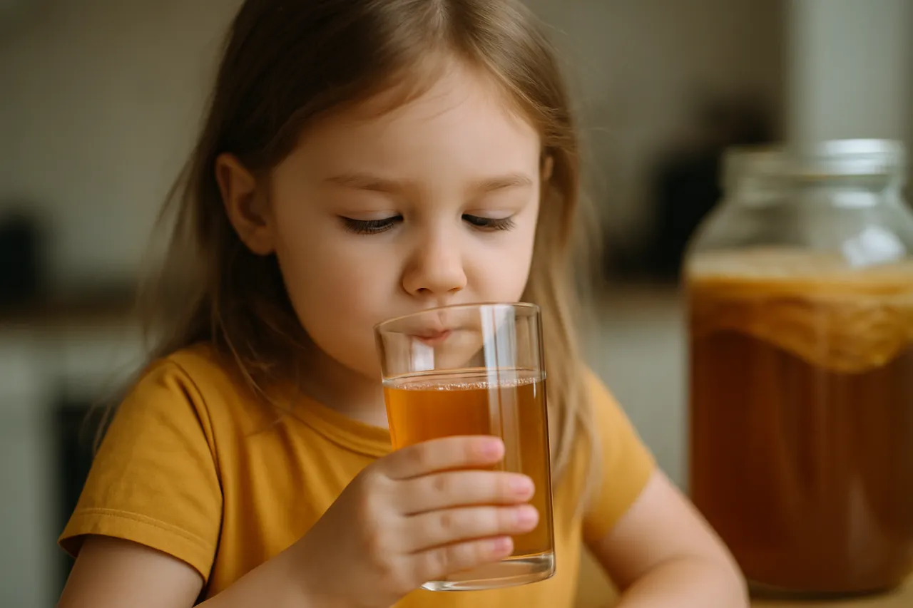 Osoba pijąca kombuchę z małej szklanki