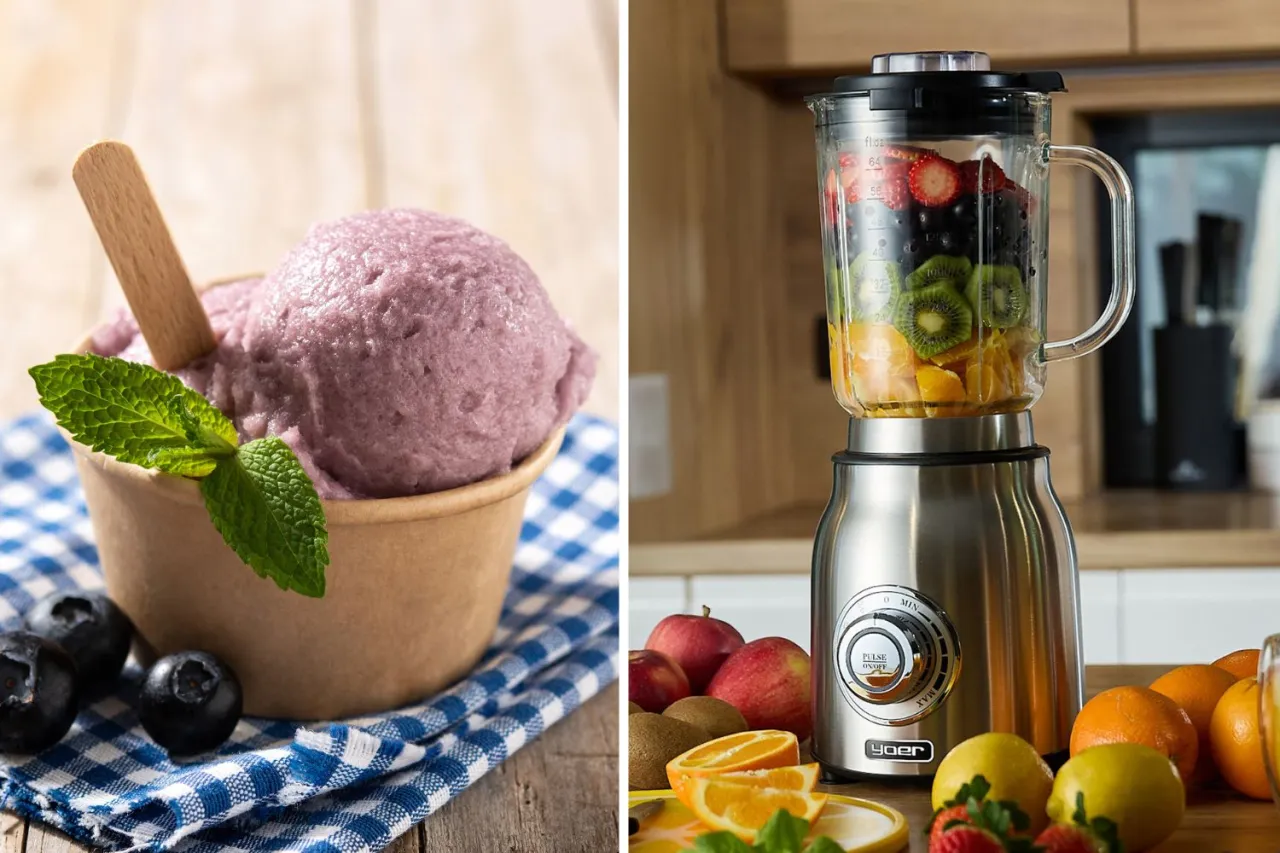 Domowe lody dietetyczne z owoców, przygotowane w blenderze. Na zdjęciu lody jagodowe i składniki do ich zrobienia.