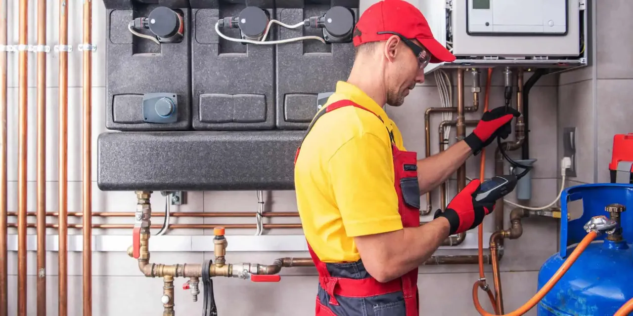 Instalator sprawdza kocioł gazowy i butlę z gazem, przygotowując się do sezonu grzewczego. Może to mieć związek z nowym podatkiem od ogrzewania gazem.