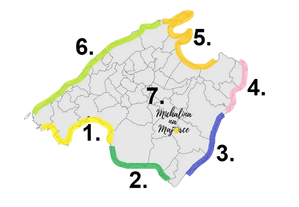 Mapa region&oacute;w Majorki z podziałem na kurorty