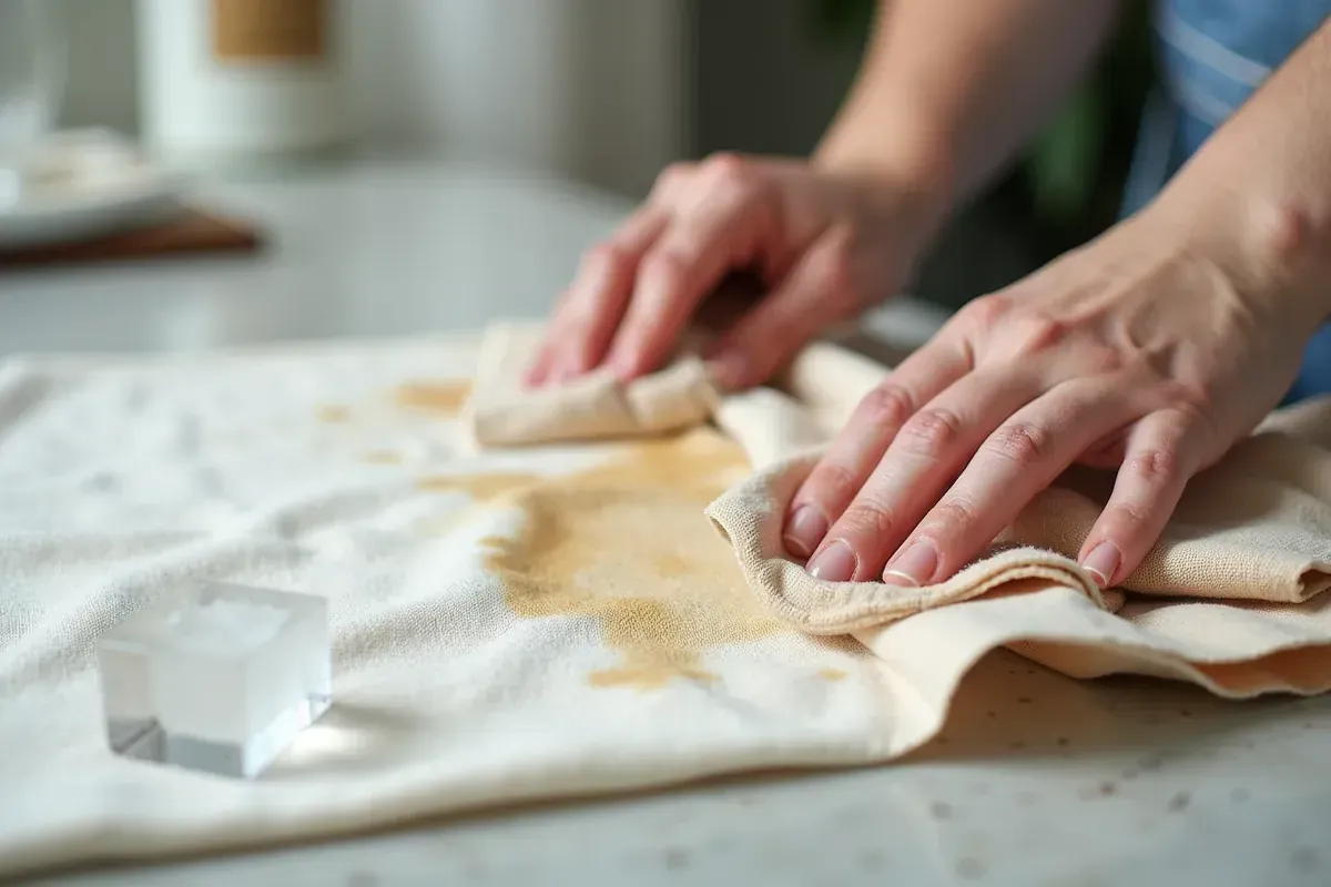 Dłonie delikatnie wycierają plamę z żywicy z jasnej tkaniny. Poznaj sposoby, jak sprać żywicę z kurtki.