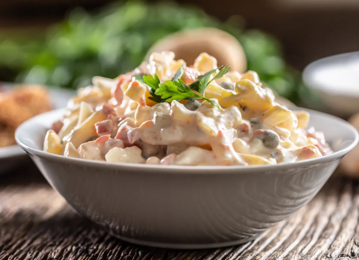 Pyszna sałatka warzywna w białej misce, idealna na każdą okazję. Składniki: ziemniaki, marchewka, groszek, jajka, majonez.