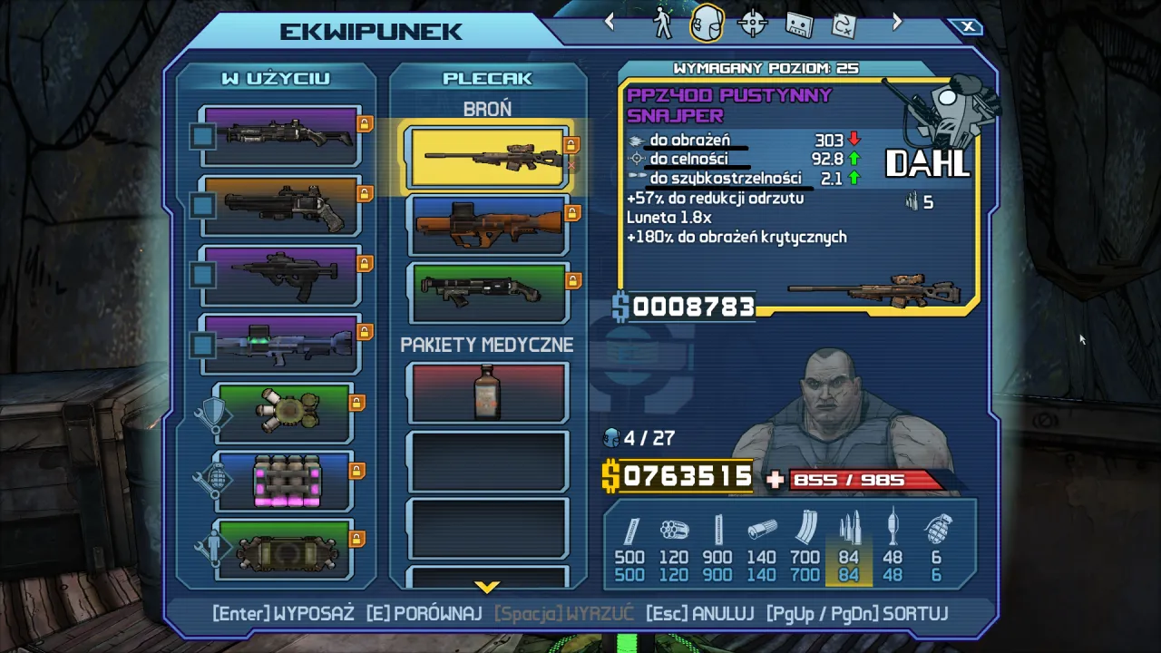 Ekwipunek w Borderlands po polsku: snajper PPZ40 PUSTYNNY, broń, pakiety medyczne i amunicja.