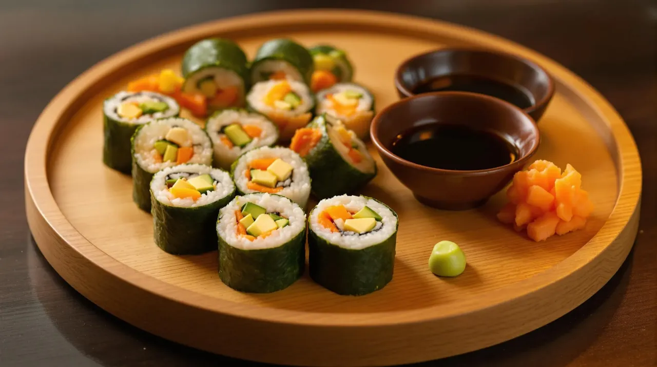 Talerz z sushi, sos sojowy i wasabi. Czy sushi jest ciężkostrawne? Zależy od składnik&oacute;w, ale to wegetariańskie wygląda lekko.