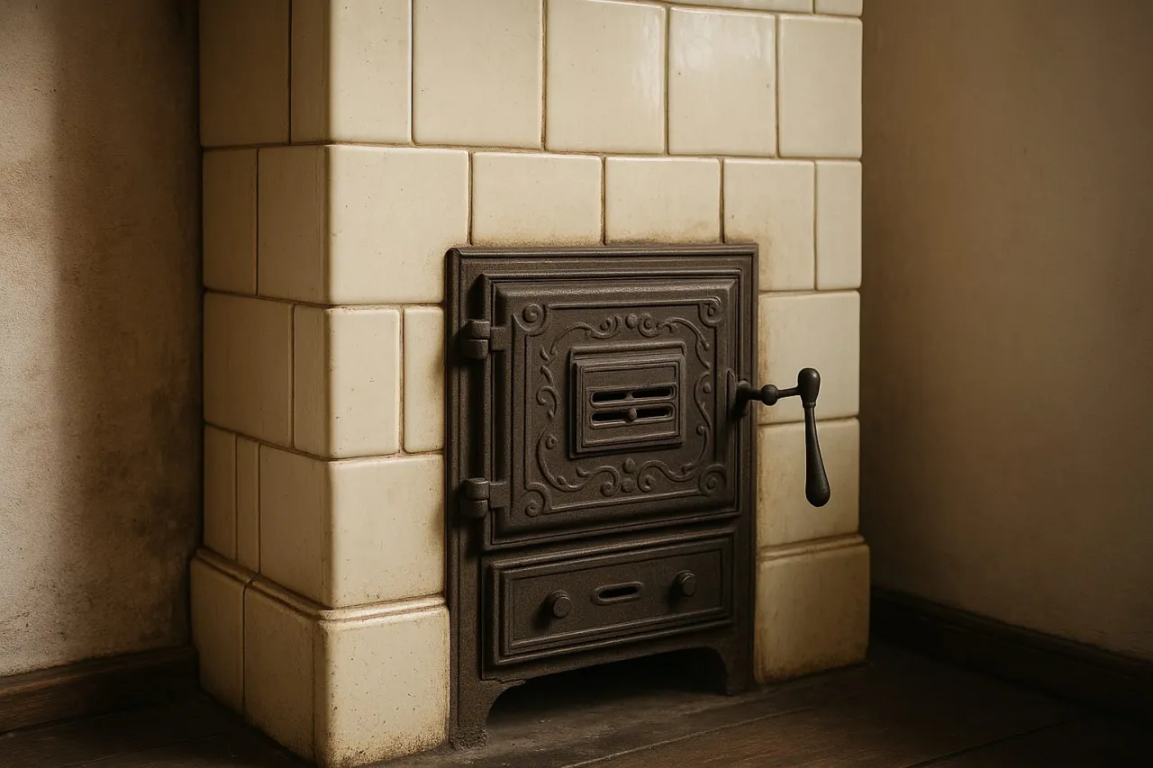 Stary piec kaflowy z ozdobnymi drzwiczkami. Pytanie 