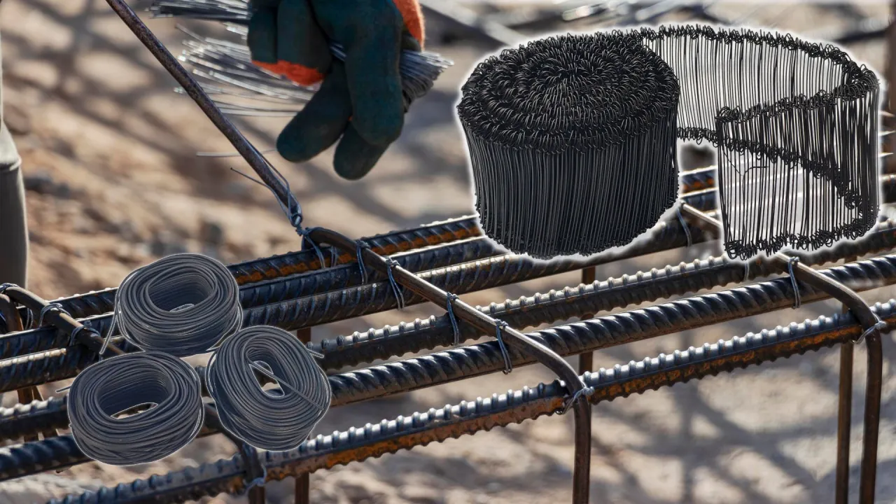 Ręce w rękawicach wiążą zbrojenie drutem. Widać rolki drutu wiązałkowego i jego pęczki. Ile drutu wiązałkowego na tonę zbrojenia?