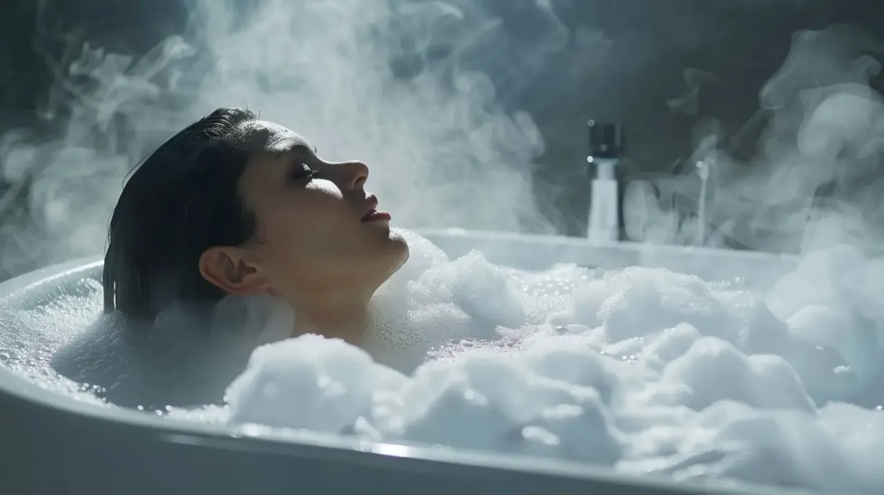 Kobieta w wannie z pianą, para unosi się w powietrzu. Idealne rozwiązanie na b&oacute;l głowy na kacu.