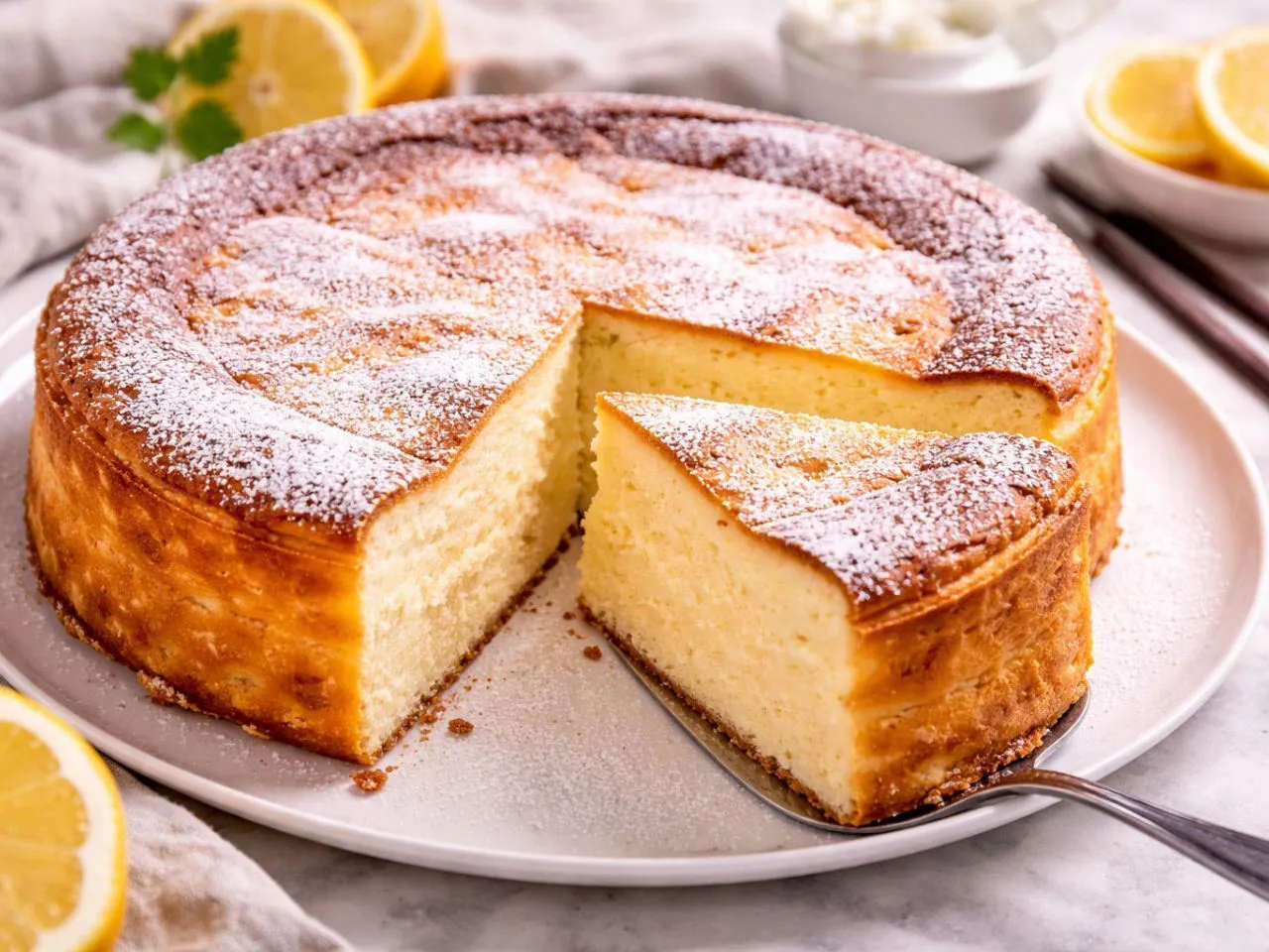 Puszysty sernik wiedeński, posypany cukrem pudrem, z cytryną w tle. Idealny przepis na to, jak zrobić sernik wiedeński.