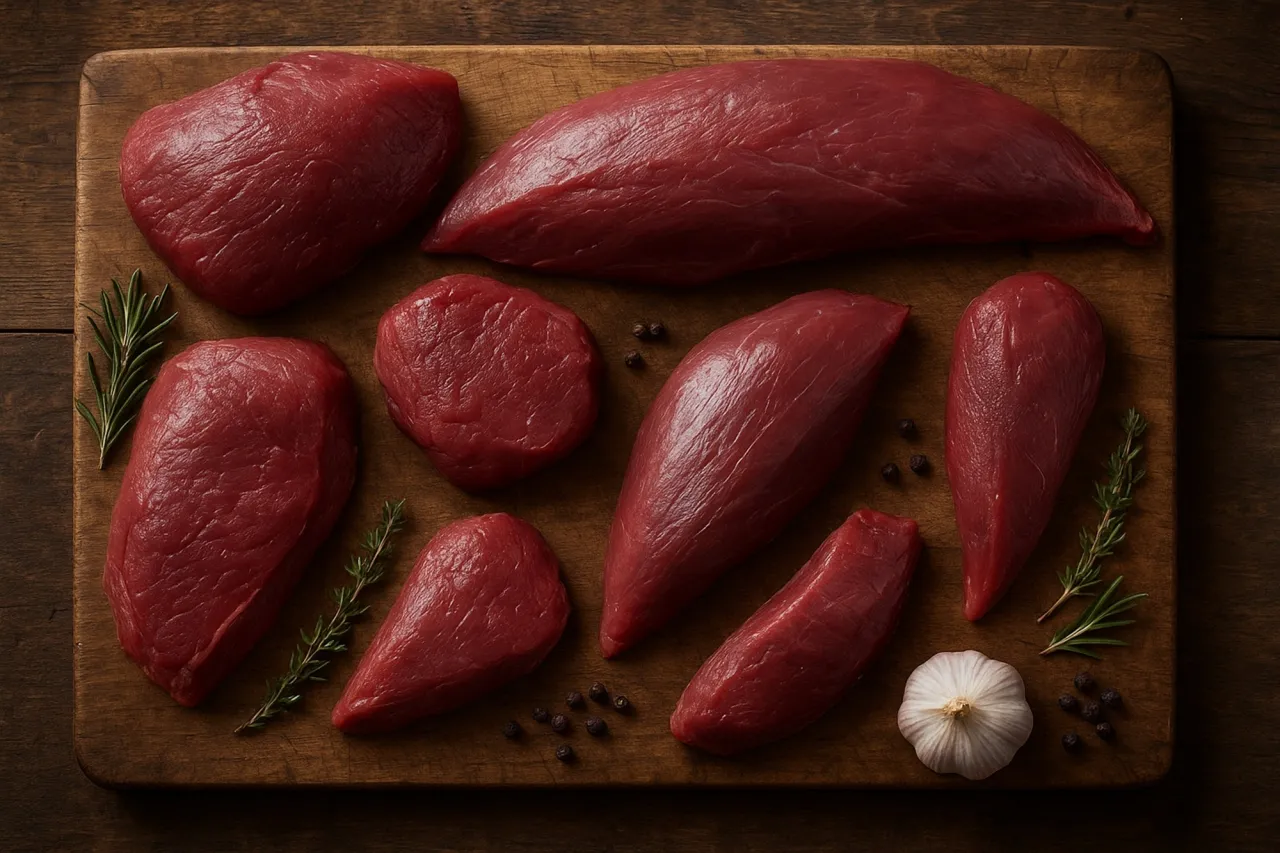 Różne kawałki surowego mięsa, gałązki rozmarynu, czosnek i pieprz na desce. Czy myśliwi badają mięso przed przygotowaniem?