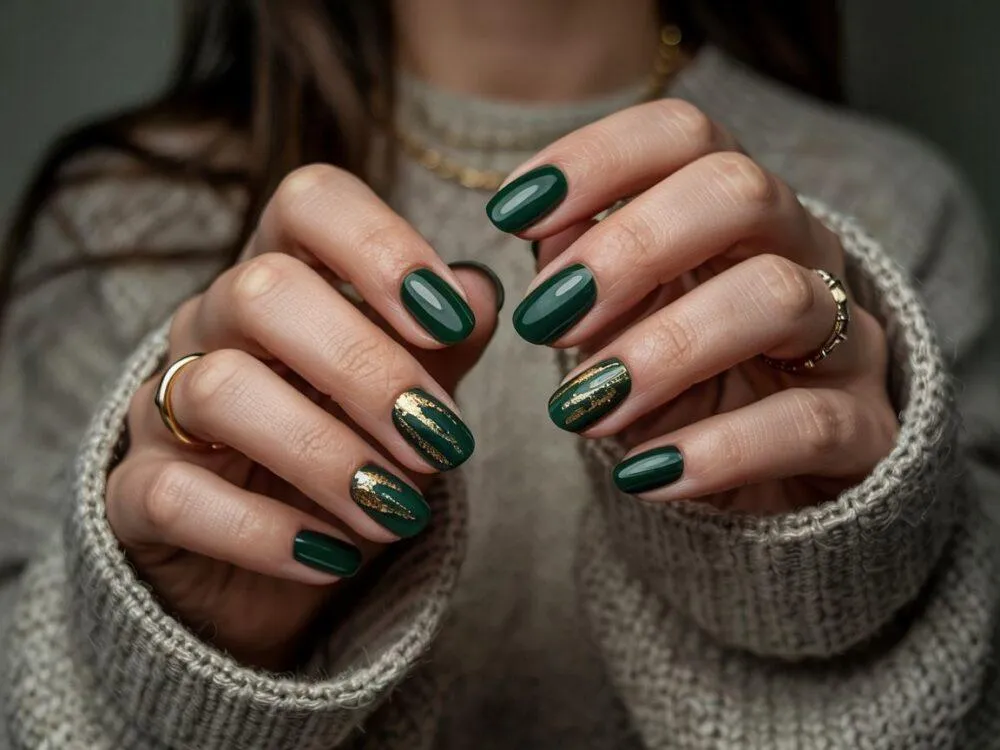 Paznokcie butelkowa zieleń ze złotem i srebrem inspiracje