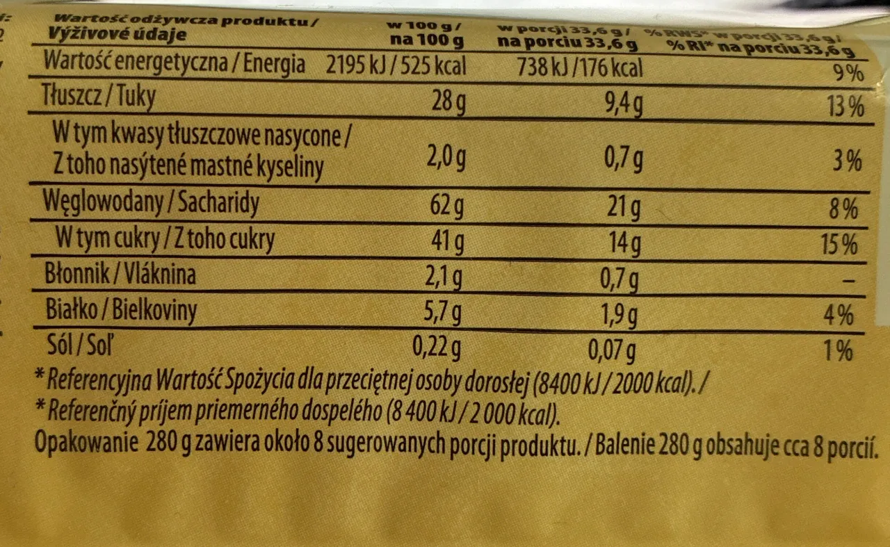 Tabela wartości odżywczych: porcja 33,6g ma 176 kcal. Opakowanie 280g zawiera ok. 8 porcji.