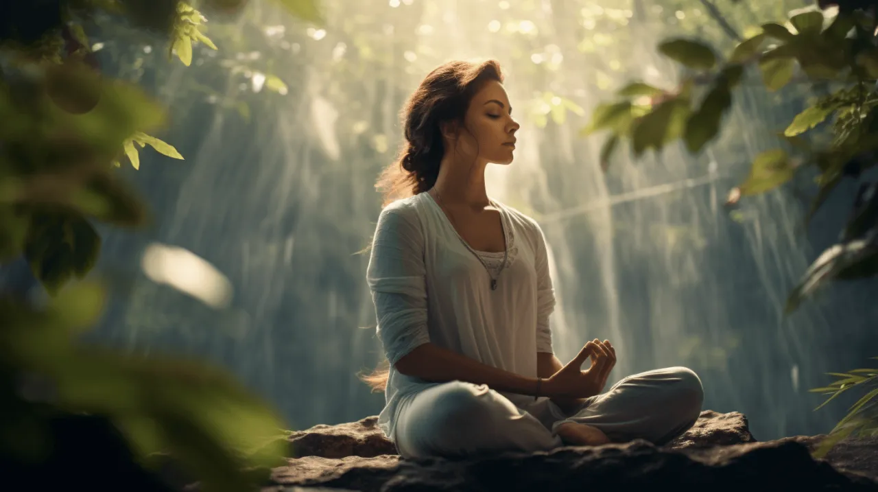 Spokojna osoba medytująca na tle natury